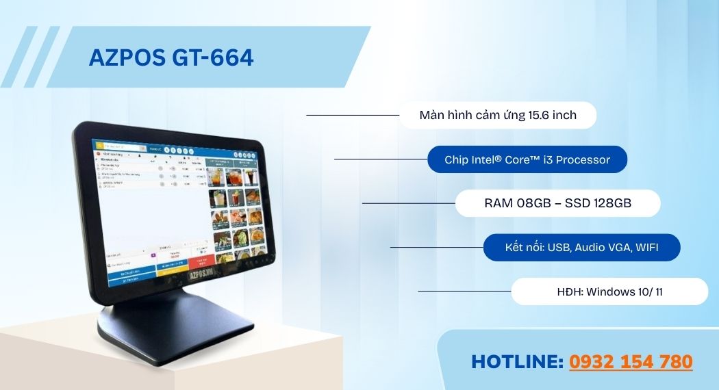Máy tính tiền cảm ứng POS GT-664 Azpos cho quán cafe nhà hàng