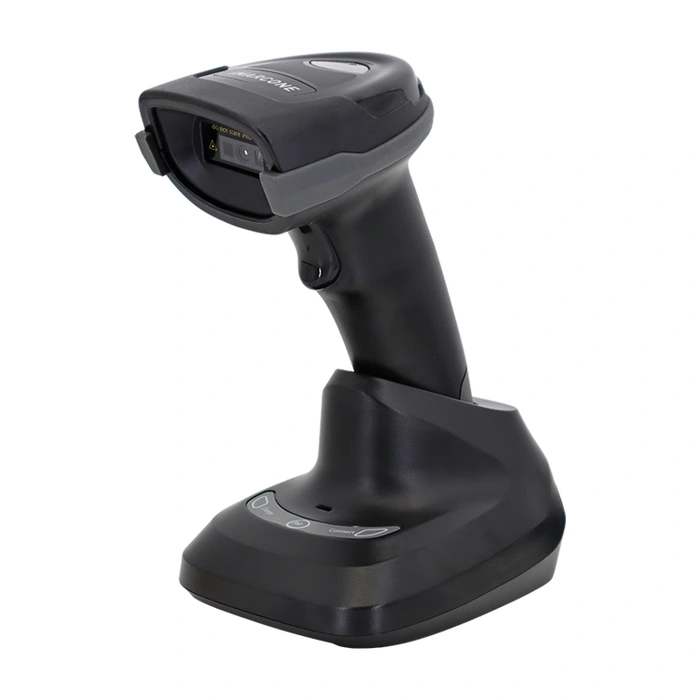 Máy quét mã vạch không dây iMarcone MC-3203RB đặt trên đế sạc