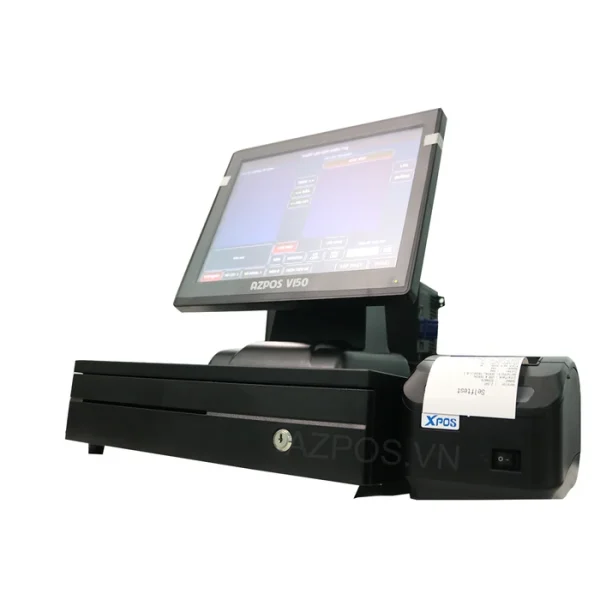 Bộ PC-3000 nhìn nghiêng, máy in bill đang in hóa đơn