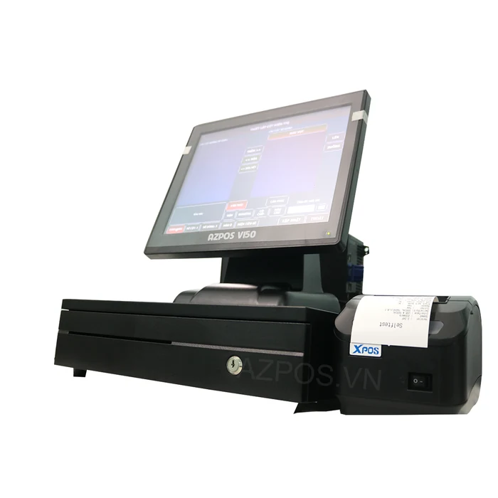 Bộ PC-3000 nhìn nghiêng, máy in bill đang in hóa đơn
