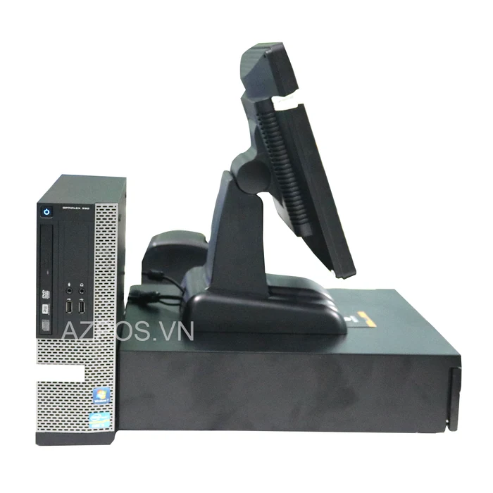Máy tính tiền Azpos PC-3000 nhìn ngang, thân máy đặt cạnh ngăn kéo