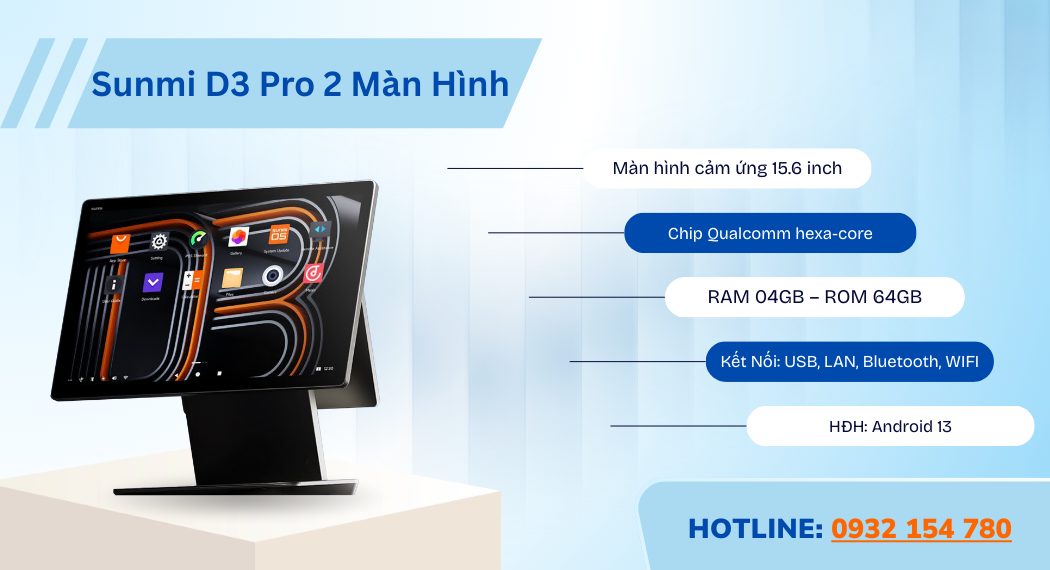 máy POS cảm ứng Android Sunmi D3 Pro 2 màn hình chính hãng Azpos