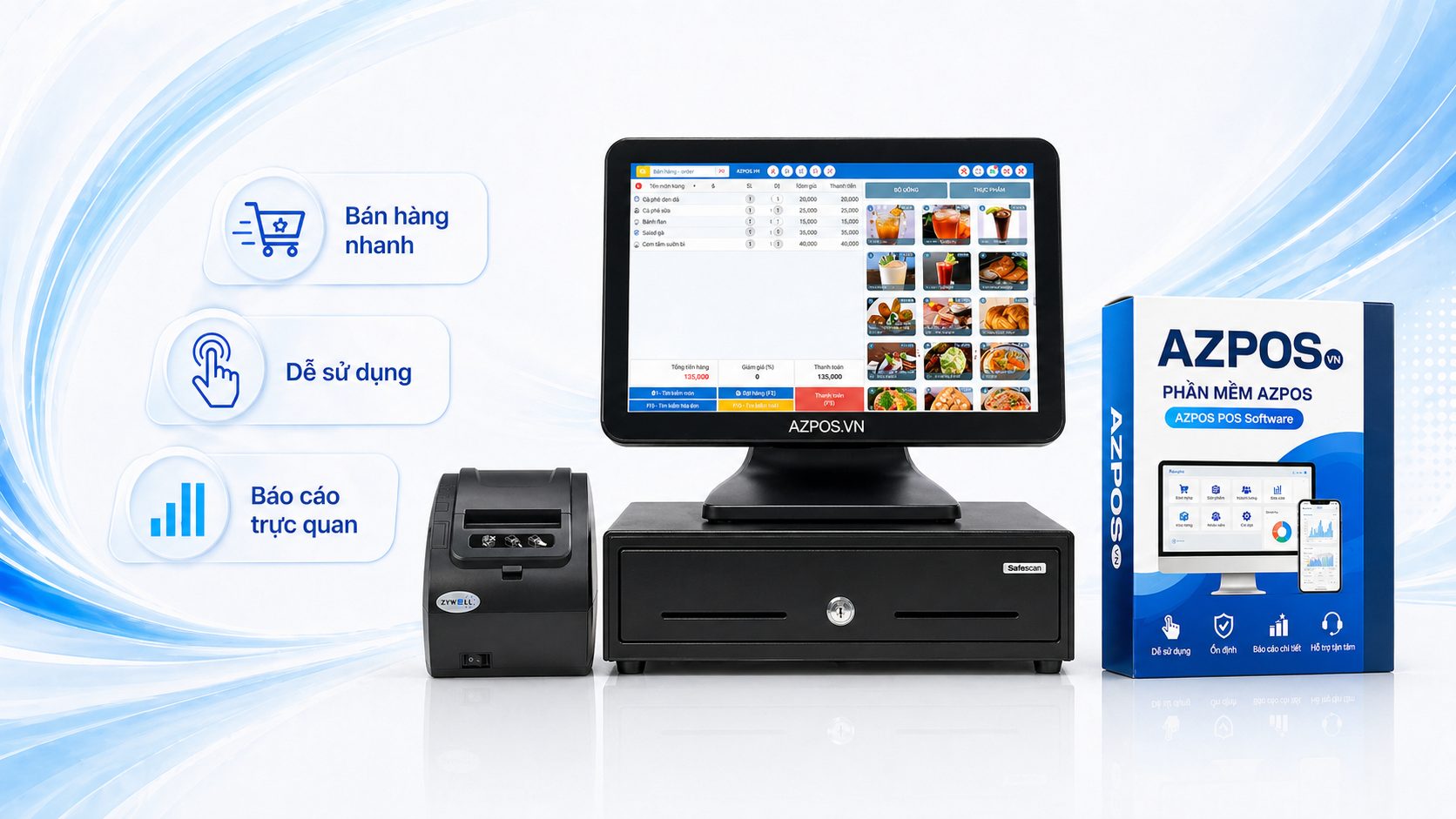 POS cảm ứng + Phần mềm + Máy in bill + Ngăn kéo