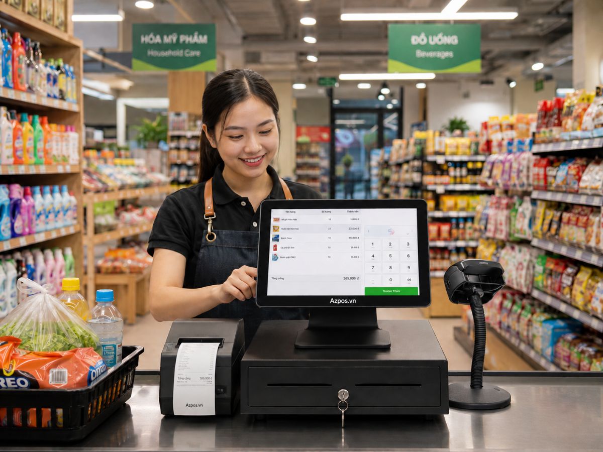 Bộ POS đầy đủ trên quầy siêu thị mini đang tính tiền