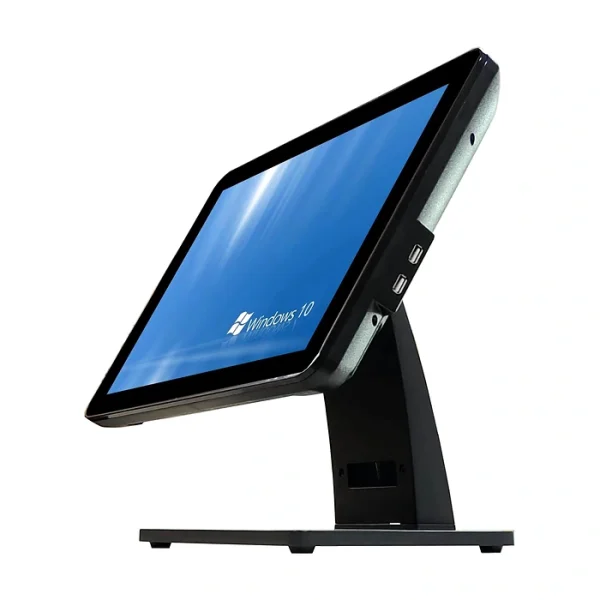 Máy tính tiền cảm ứng AZP-W610 góc nghiêng thấy nút nguồn và cổng USB bên hông